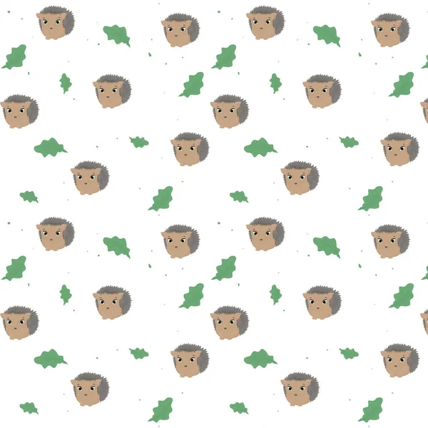 Seamless pattern with cartoon animal, hedgehog, pattern with animals and decorative leaves, bright pattern, children's pattern