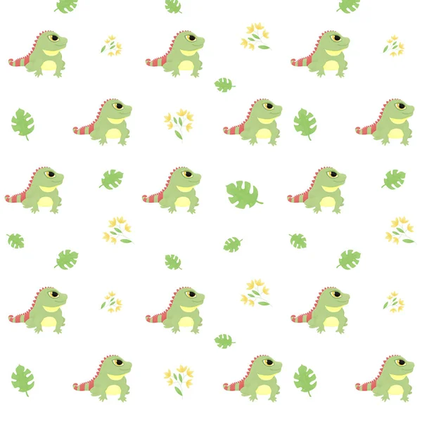 Seamless pattern with cartoon animal, iguana, pattern with animals, flowers and decorative tropical leaves, bright pattern, children's pattern