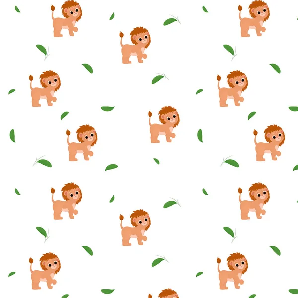 Seamless pattern with cartoon animal, lion, pattern with animals and decorative leaves, bright pattern, children's pattern
