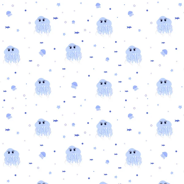 Seamless pattern with cartoon animal, jellyfish, sea animal, pattern with animals and decorative elements, algae, starfish, fish, bright pattern, children's pattern