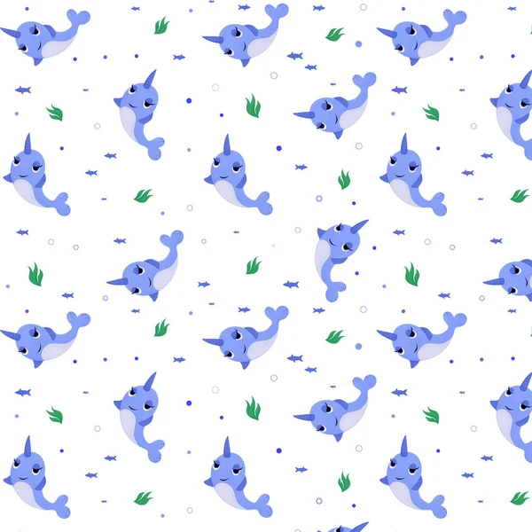 Seamless pattern with cartoon animal, narwhal, sea animal, pattern with animals and decorative elements, algae, fish, bright pattern, children's pattern