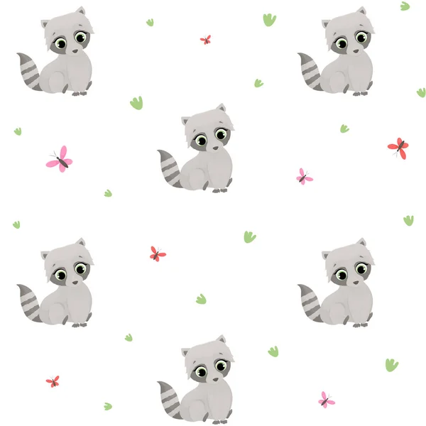  Seamless pattern with cartoon animal, raccoon, pattern with animals and decorative leaves, bright pattern, children's pattern