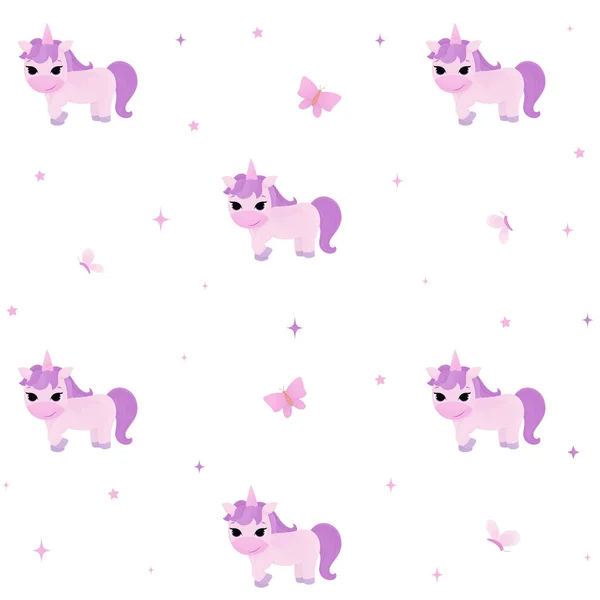 Seamless pattern with cartoon animal, unicorn, pattern with animals and beautiful butterflies, bright pattern, children's pattern