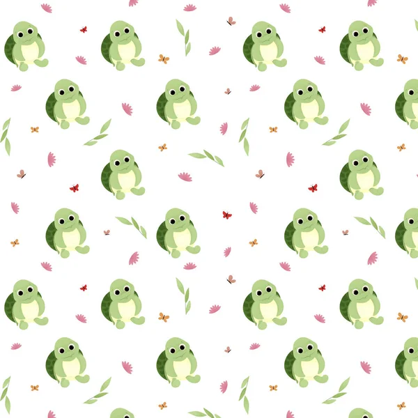 Seamless pattern with cartoon animal, turtle, pattern with animals and decorative leaves, flowers and beautiful colorful butterflies, bright pattern, children's pattern