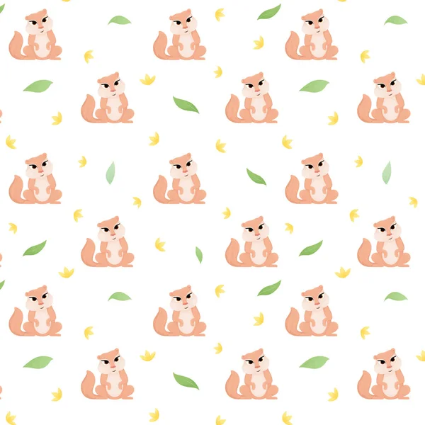 Seamless pattern with cartoon animal, xerus, pattern with animals and decorative leaves and flowers, bright pattern, children's pattern