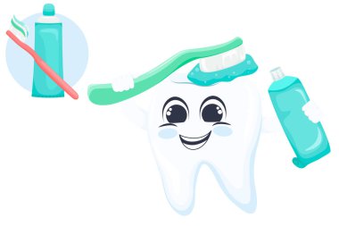 Dünya Dişçi Günü, Dişçi. Komik diş çizimleri, diş bakımı konsepti. Diş fırçası, karikatür tarzı illüstrasyon. Resimler hem yetişkinler hem de çocuklar için uygundur