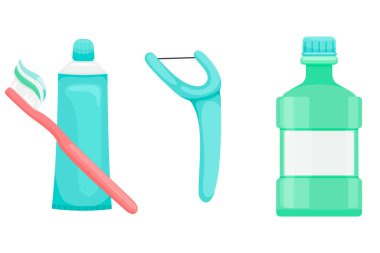 Diş bakımı için Clipart çizimleri. Diş fırçası, diş ipi ve gargara kullanın. Kişisel kullanım için çizimler, sosyal medya tasarımı veya internet reklamında kullanım, vs.