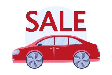 Side view car illustration, concept of selling or buying a car at a discounted price, car clipart with sale inscription