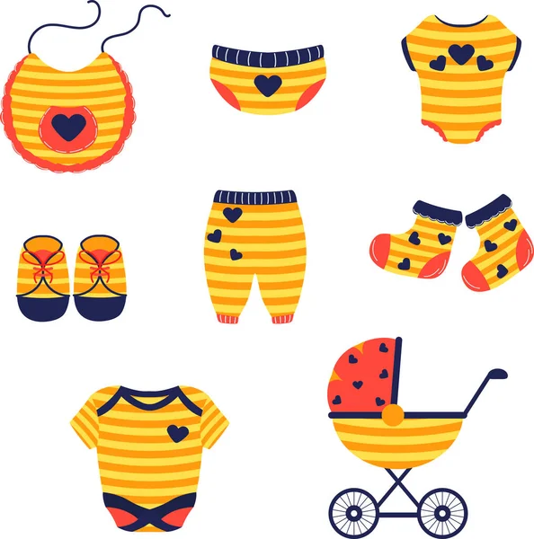 Baby Things Socks Pants Overalls Shoes Stroller Panties Bib Cliparts — Stock Vector