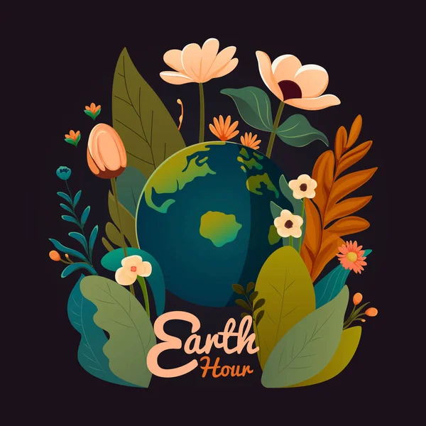 Föld Világórájának Koncepciója Illusztráció Bolygóval Kontinensekkel Különböző Növényekkel Virágokkal — Stock Vector
