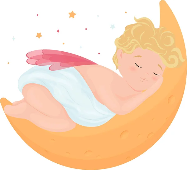 Εικονογράφηση Χαριτωμένο Χαρακτήρα Άγγελος Φτερά Κοιμούνται Στο Φεγγάρι Διάνυσμα — Διανυσματικό Αρχείο