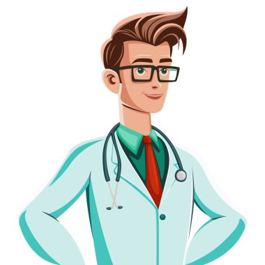 Çizgi film doktoruyla illüstrasyon. Ulusal Doktorların Günü kutlamaları için pankart. İlaçlar. Sosyal medya, poster, pankart, vektör için düz tasarım  