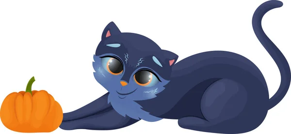 Grappige Zwarte Kat Illustratie Cat Spelen Met Kleine Pompoen Halloween — Stockvector