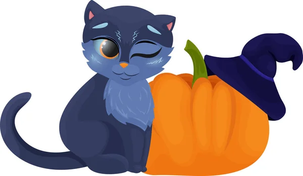 Śmieszny Czarny Kot Ilustracja Kot Dużą Dynią Magicznym Kapeluszem Halloween — Wektor stockowy