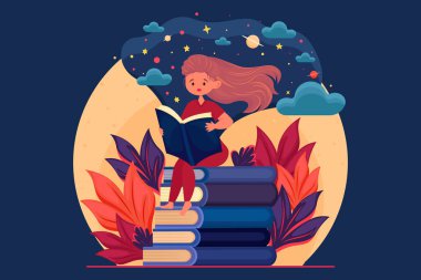 Çocuklar okuyor, kız ilginç bir kitap okuyor, kitap okuyor, ilginç hikayeler anlatıyor, Dünya Kitap Günü, Çocuk Kitapları Günü, Çizgi Film illüstrasyonu, Poster, afiş, kartpostal, arka plan  