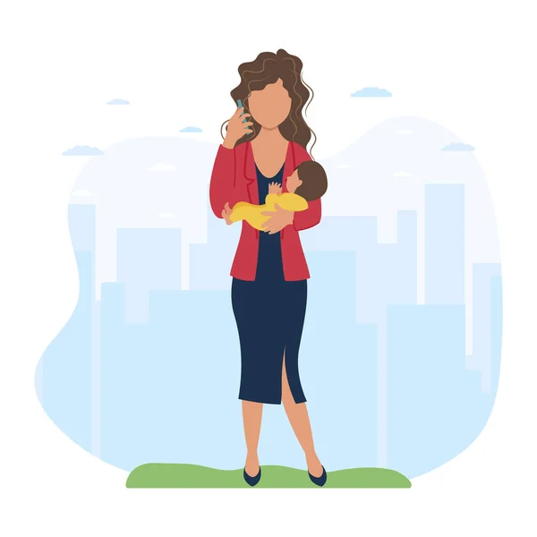 一个女人在打电话的时候和她的孩子一起走 妇女在生育和职业之间的优先权问题 母性期间能够工作的概念 — 图库矢量图片