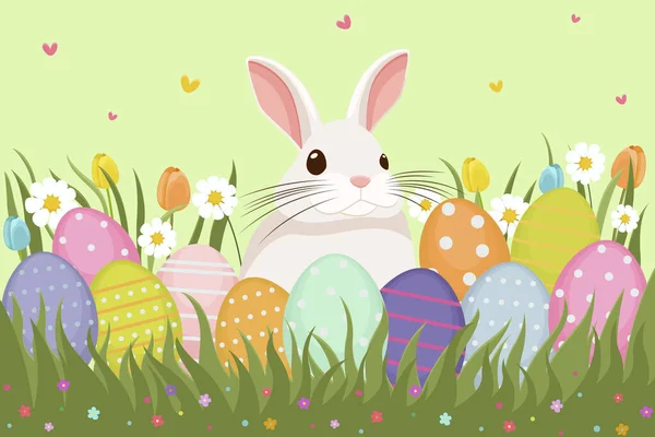 Пасхальная Иллюстрация Кроликом Цветы Пасхальные Яйца Фон Баннер Сезонная Открытка — стоковый вектор