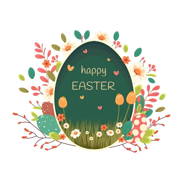 stock vector Easter illustration with flowers, Easter eggs , leaves, greeting inscription, happy Easter, background, banner, seasonal card, spring, Vector 