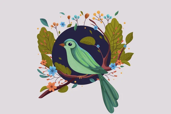 Illustration Mit Schönen Vögeln Und Blumen Blättern Natur Abstrakten Blattmustern — Stockvektor
