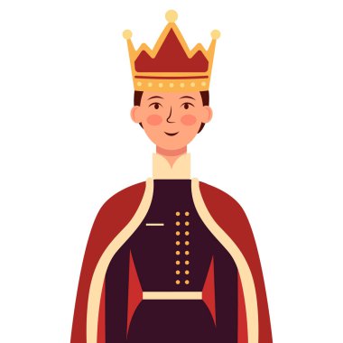 Bir erkek prens, kafasında taç ve kostümü olan bir çizgi film çocuğu. Vektör