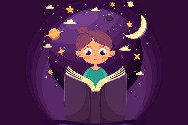Bir kız gece ya da gece geç saatlerde ilginç bir kitap okuyor, okuyor, bir kitaba dalma konseptini, ilginç hikayeleri, Dünya Kitap Günü 'nü ya da Çocuk Kitapları Günü' nü okuyor. 