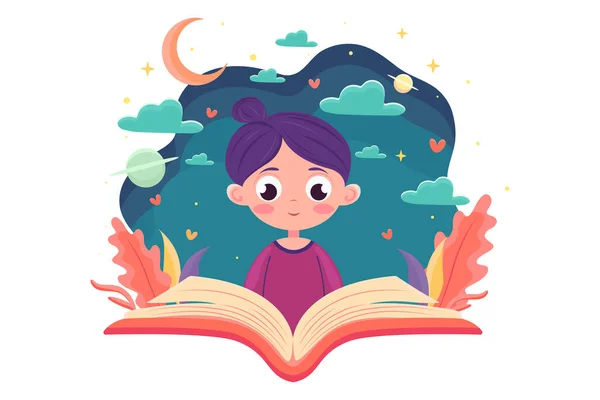 Girl Reading Interesting Book Night Late Night Reading Concept Immersion — Stock Vector