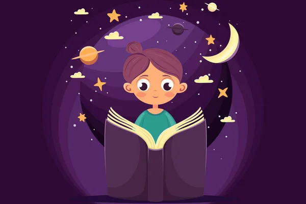 Bir kız gece ya da gece geç saatlerde ilginç bir kitap okuyor, okuyor, bir kitaba dalma konseptini, ilginç hikayeleri, Dünya Kitap Günü 'nü ya da Çocuk Kitapları Günü' nü okuyor. 