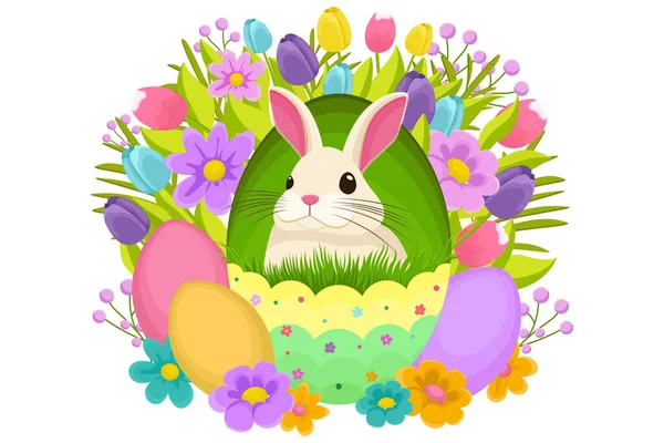 Пасхальная Иллюстрация Кроликом Цветы Пасхальные Яйца Фон Баннер Сезонная Открытка — стоковый вектор