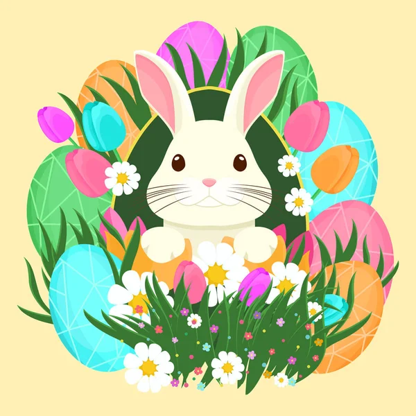 Osterillustration Mit Hase Blumen Ostereiern Hintergrund Banner Oder Saisonkarte Frühlingsillustration — Stockvektor
