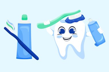 Komik Dişler. Diş bakımı illüstrasyonu. Diş macunu ve diş macunu ile diş fırçalama, diş hekimliği, sağlık, vektör