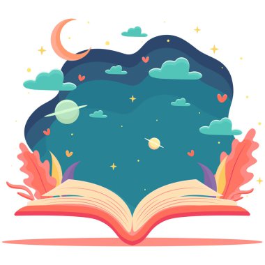 Açık kitap, kitaptaki ilginç hikayeler konsepti, Dünya Kitap Günü ya da Çocuk Kitapları Günü, soyut şablonlar, yapraklar, dekoratif unsurlar