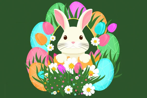Osterillustration Mit Hase Blumen Ostereiern Hintergrund Banner Oder Saisonkarte Frühlingsillustration — Stockvektor