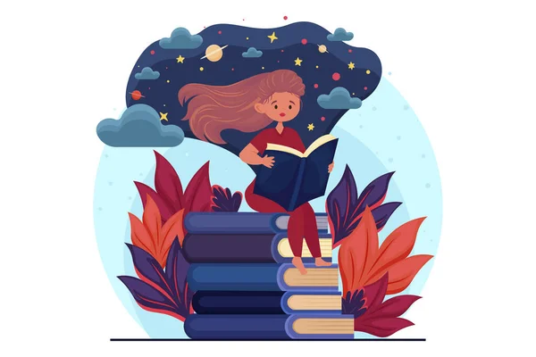 İlginç bir kitap okuyan, kitap yığınının üzerinde oturan, okuyan, kendini kaptırmış kitap konsepti, ilginç hikayeler, soyut şablonlar, yapraklar, dekoratif öğeler. 