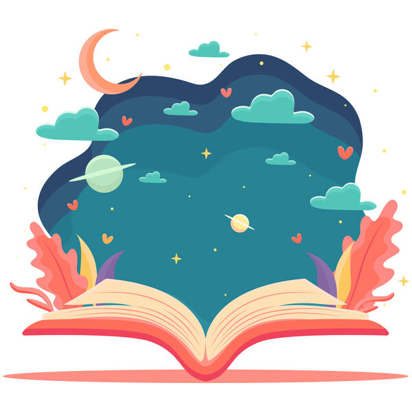 Открытая книга, концепция интересных историй в книге, Всемирный день книги или День детской книги, абстрактные узоры, листья, декоративные элементы