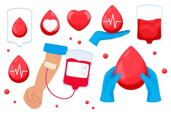 Set Illustrations Blood Donor Day Blood Bag Blood Drop Heart — Stock Vector