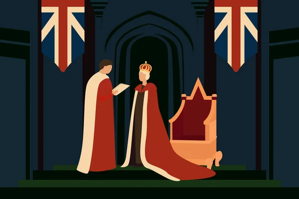 Приклад Дня Коронації Силуети Людей Коронація Короля Прапор Англії Вектор — стоковий вектор