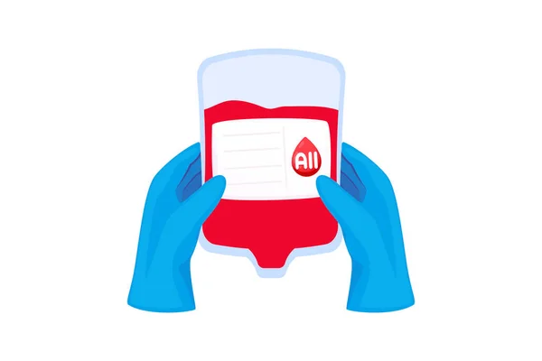 Ilustracja Dnia Dawcy Krwi Rąk Rękawiczkach Medycznych Trzymających Worek Krwi — Wektor stockowy