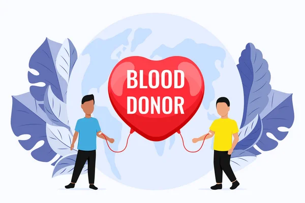 用两个男人来说明 献血者 献血者日的图解 抽象的装饰叶子和世界地图 — 图库矢量图片