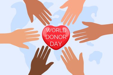 El ve kalp çizimi, arka planda dünya haritası, bağış konsepti ve başkalarına yardım etme, vektör.