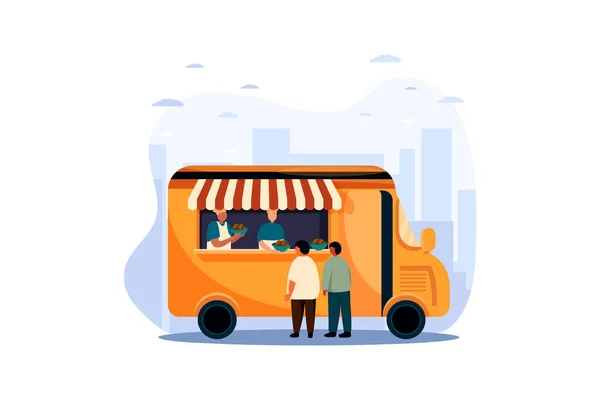 Street Food Van Cooking People Chatting Eating Street Eatery Vector — Stock Vector