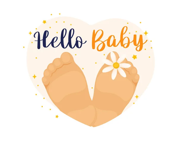 心脏和婴儿的脚与雏菊 你好婴儿字母 婴儿插图 — 图库矢量图片