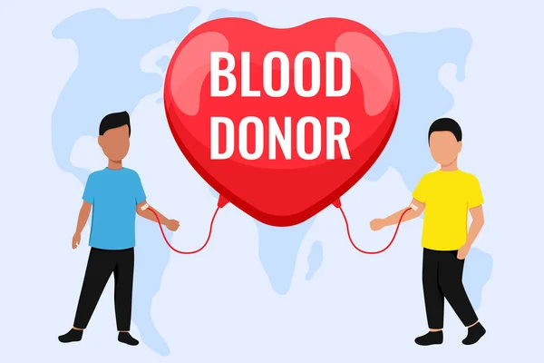 用两个男人来说明 献血者 献血者日的图解 背景是世界地图 — 图库矢量图片