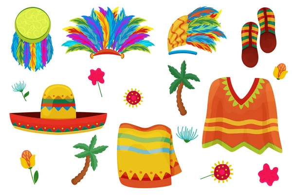 Ensemble Mexicain Vêtements Avec Ornements Masques Avec Des Tribus Plumes — Image vectorielle