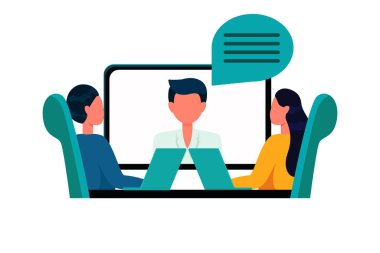 Video iletişimi, çevrimiçi müzakere, iş, sanal toplantılar, birbirleriyle video, çevrimiçi iletişim, vektör yoluyla iletişim kuran insanlar.