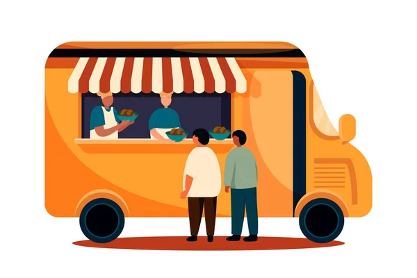 Street Food Van Street Cooking People Chatting Eating Outdoors Street — Stock Vector