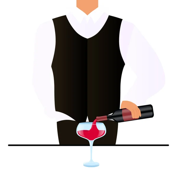 Waiter Bartender Pours Wine Other Drink Bottle Glass — Stock Vector