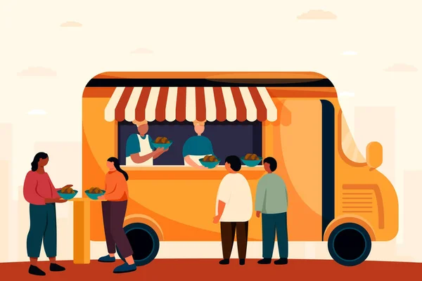 Street Food Van Street Cooking People Chatting Eating Outdoors Street — Stock Vector