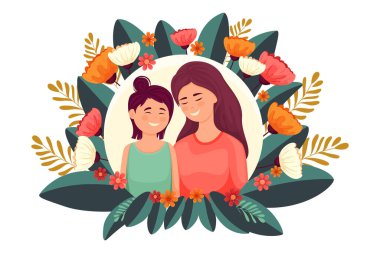 Mutlu anne ve kız, çiçek çerçevesi, yapraklar, bitkiler, vektör