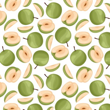 Yeşil elmalı, meyveli, vektör desenli kusursuz desen