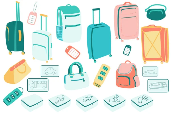 Csomagok Bőröndök Táskák Hátizsák Utazási Ikonok Különböző Szállításkor Zárak Címkék — Stock Vector